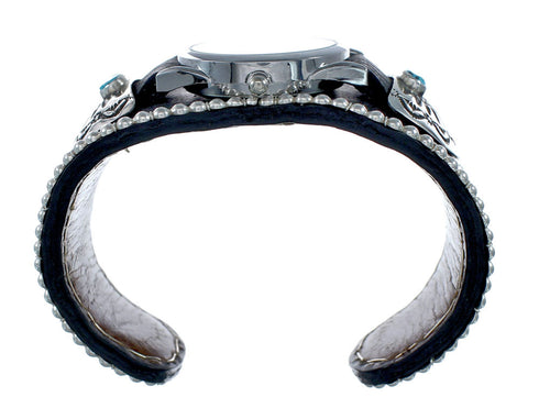 Navajo Turquoise Beaded Sterling Silver Leather Cuff Watch NN20297